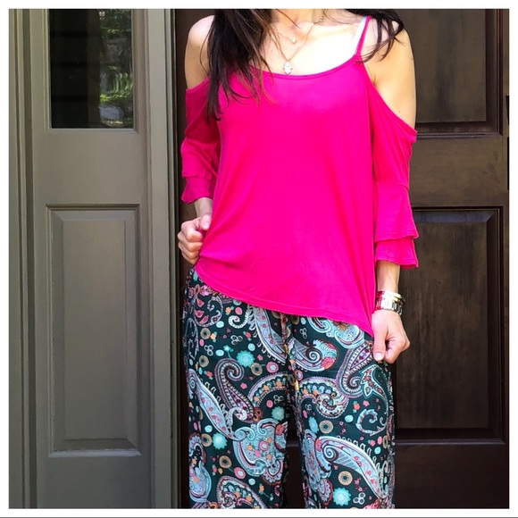 Fuchsia cold shoulder layered bell sleeves top - Picture 8 of 8